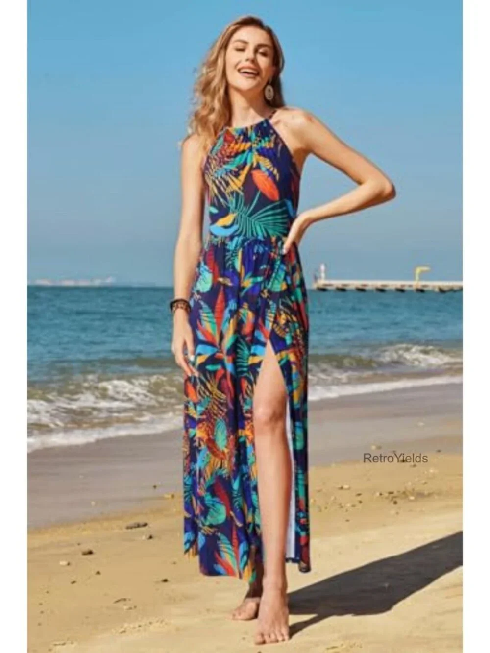 KILIG Women's Floral Split Maxi Dress Sleeveless Halter Beach Summer